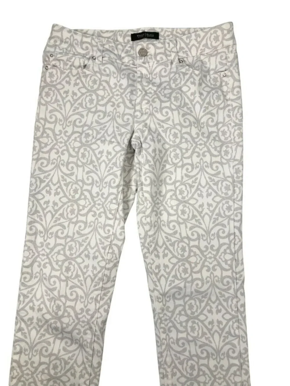 White House Black Market Pants Womens 2R Gray Paisley Slim Ankle Fit Rhinestones - Picture 4 of 10